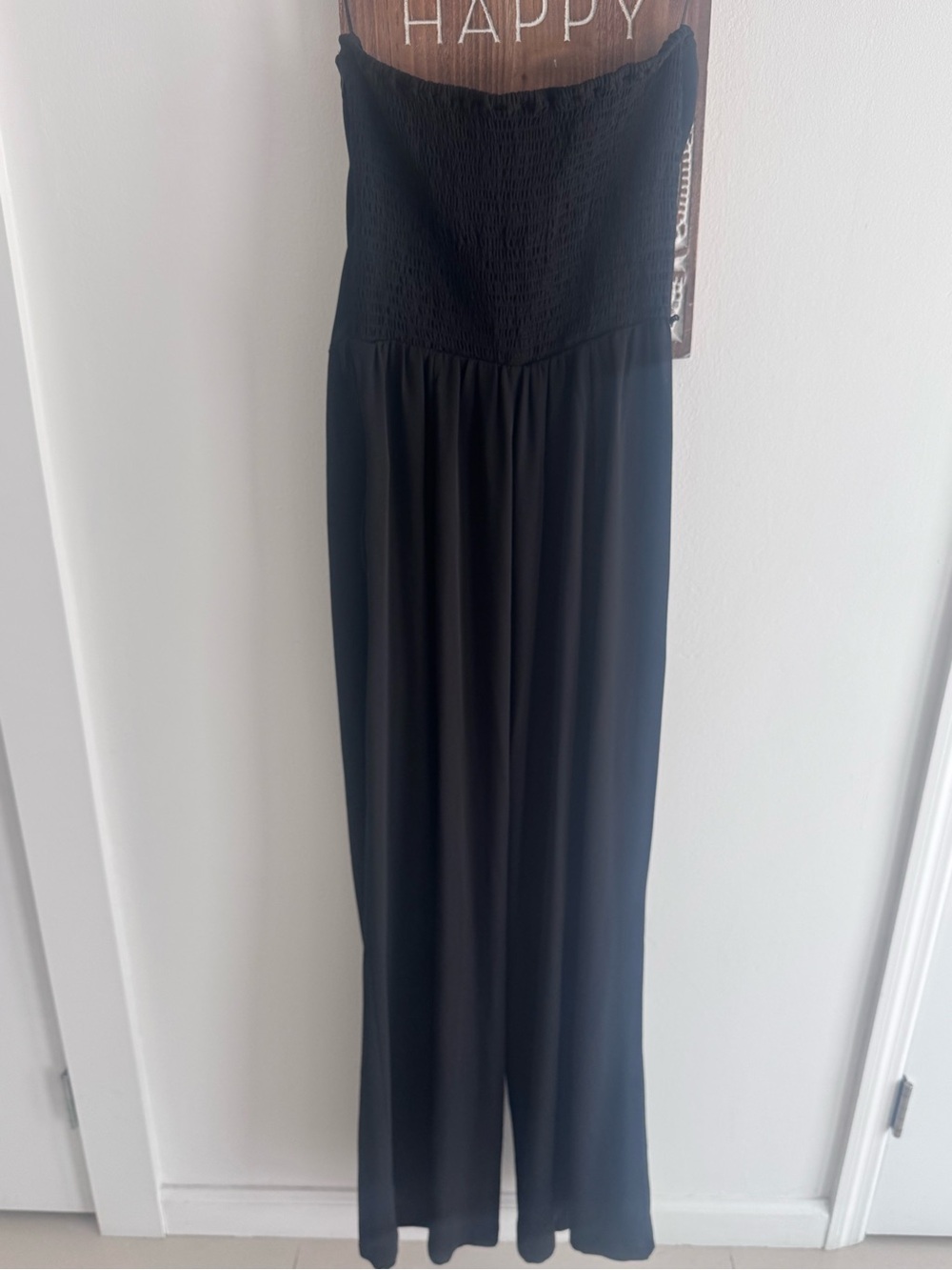 LOFT Black Strapless Smocked Wide-Leg Jumpsuit